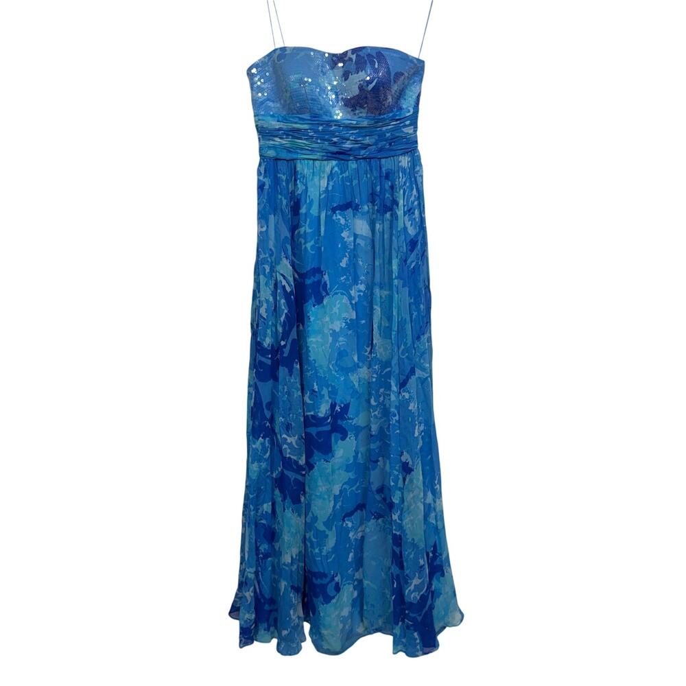 Aidan Mattox 100% Silk Blue Sequin Bodice Maxi Formal Gown SZ 0 Prom Y2K Fairy